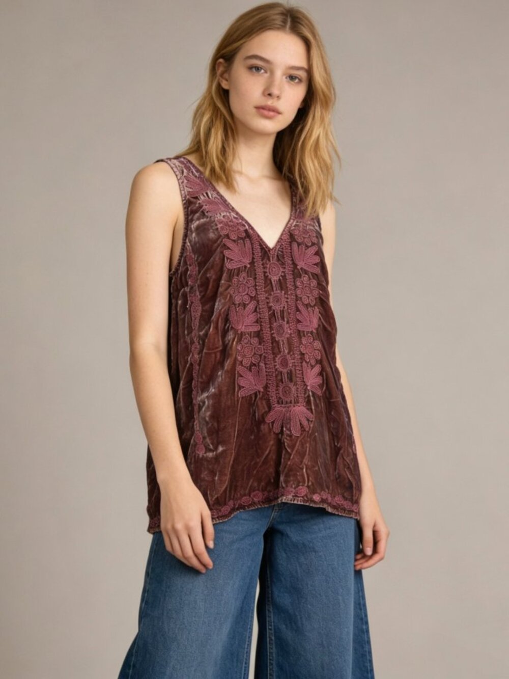 NWOT JOHNNY WAS Yasmine Embroidered Silk Blend Velvet Tank Floral Size M